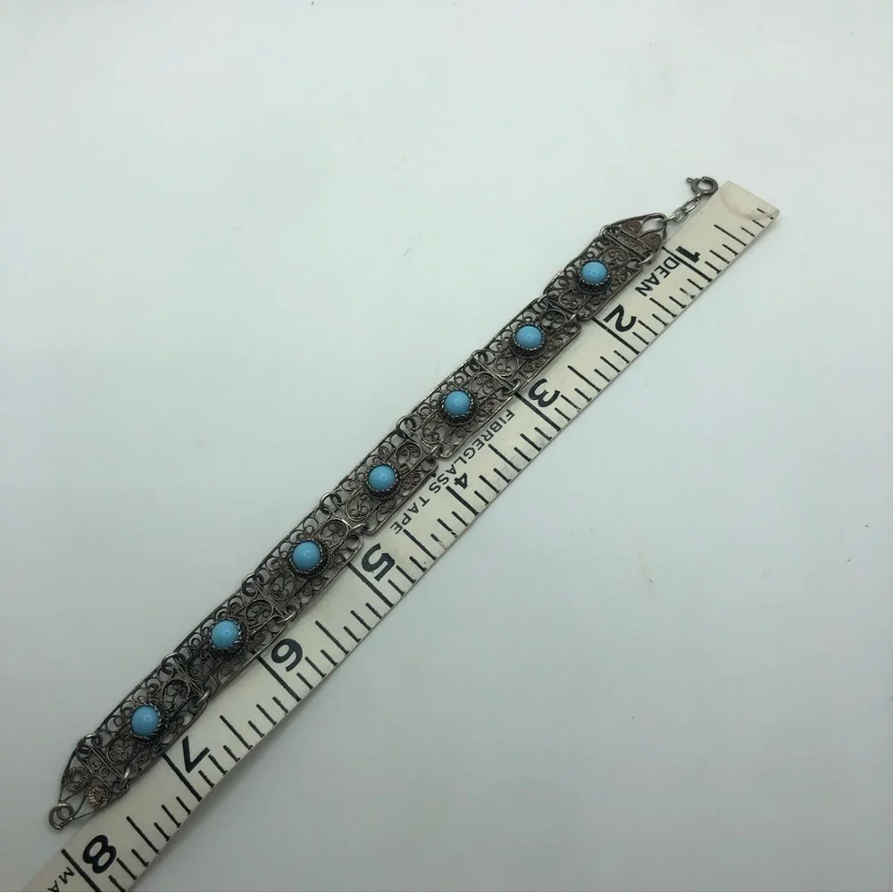 Vtg Sterling Turquoise Cabochon Filigree Panel Link Bracelet 8” - Picture 8 of 8